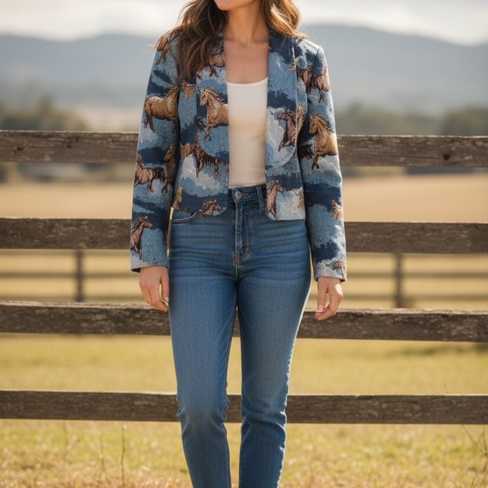 Women's Blue Horse-Print Cropped Blazer